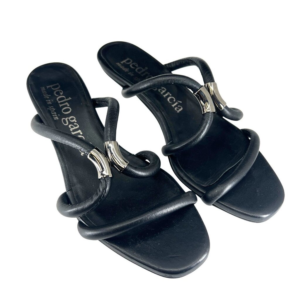 Pedro Garcia Black Leather Open Toe Heeled Sandals Size 6 small Womens